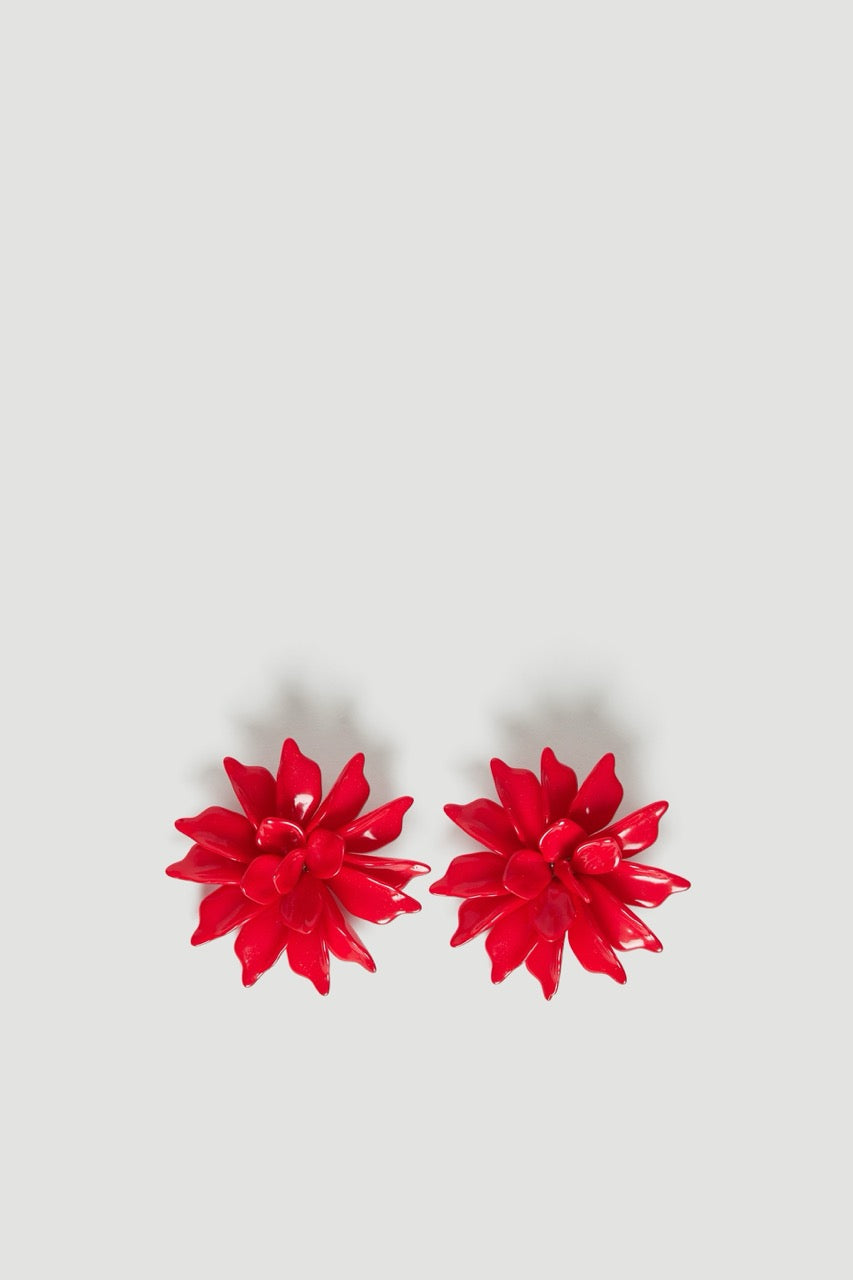 Pair of glossy red flower earrings with layered shaped petals and lightweight stud backs