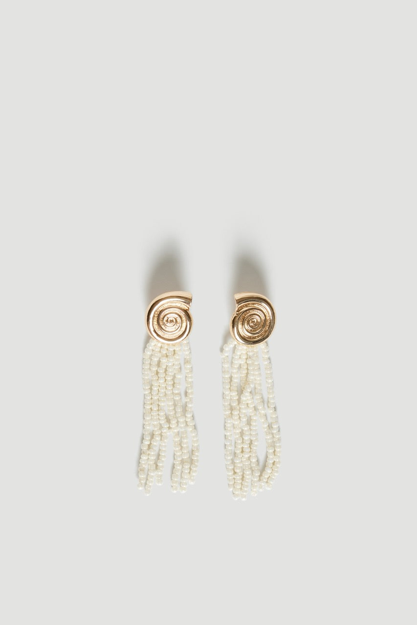 Gold shell stud earrings with cream beaded tassels