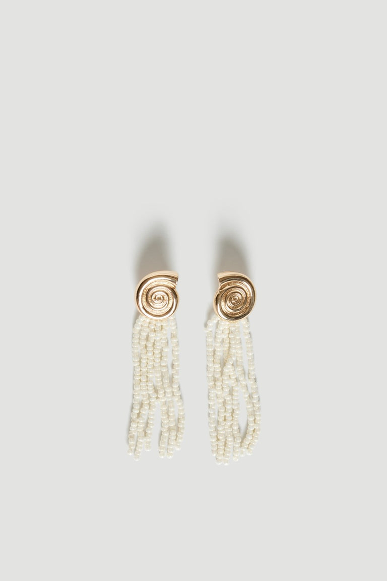 Gold shell stud earrings with cream beaded tassels