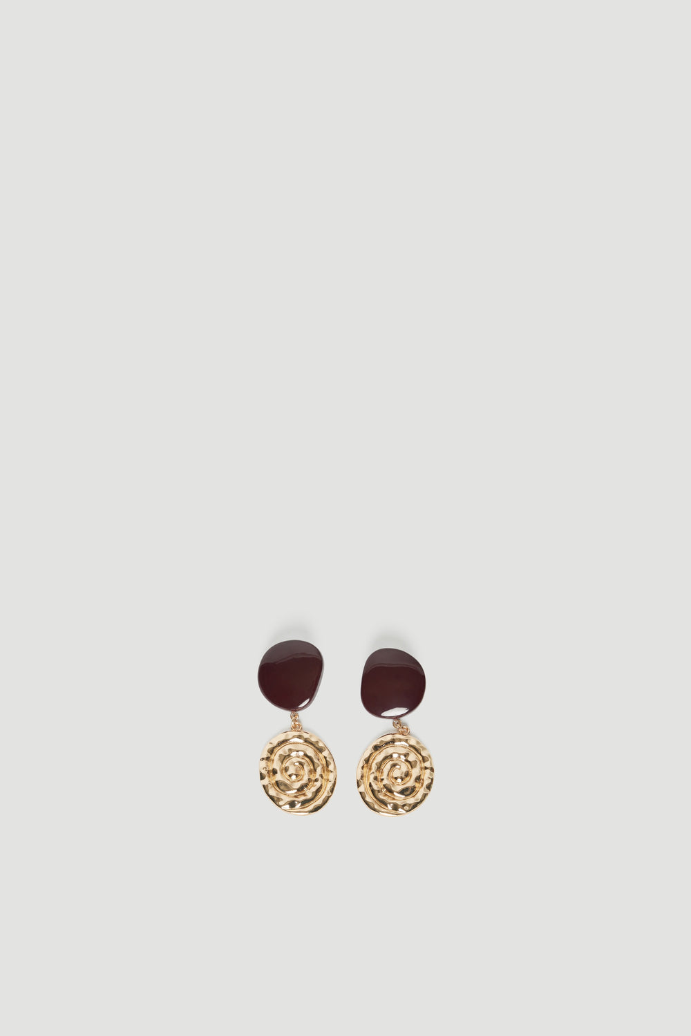 Pair of chocolate brown bead earrings with beaten gold shell drop charms
