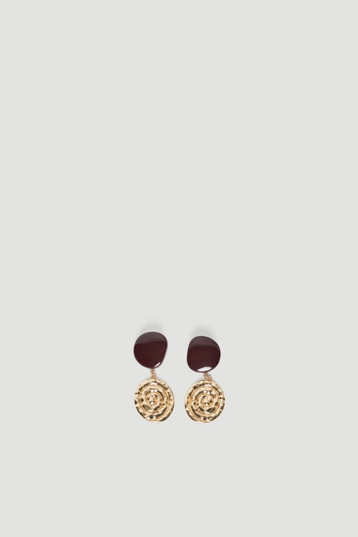 Pair of chocolate brown bead earrings with beaten gold shell drop charms