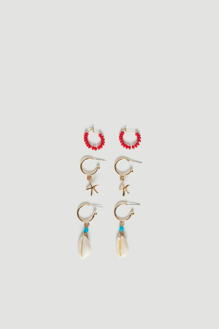 Three pair earring set with shell charms, starfish drops and red bead hoops