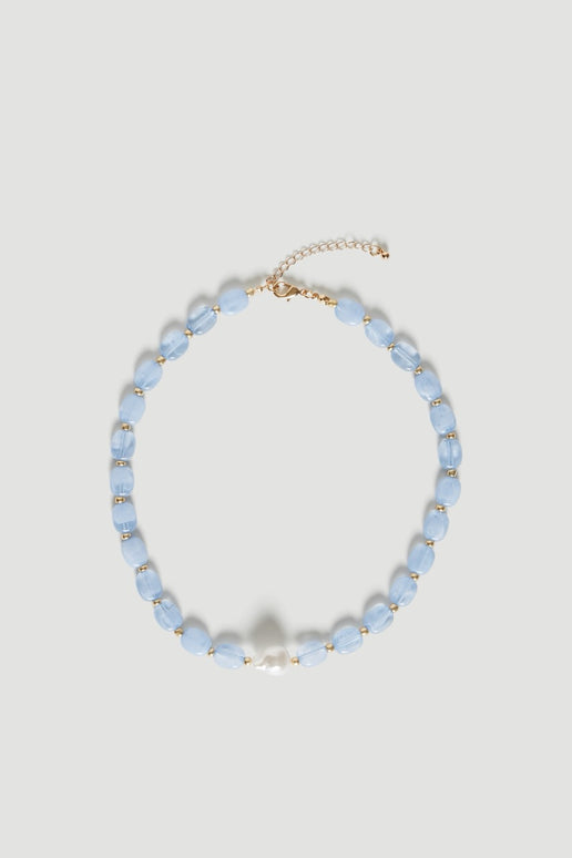Light blue oval bead necklace with pearl accents and a gold tone lobster clasp