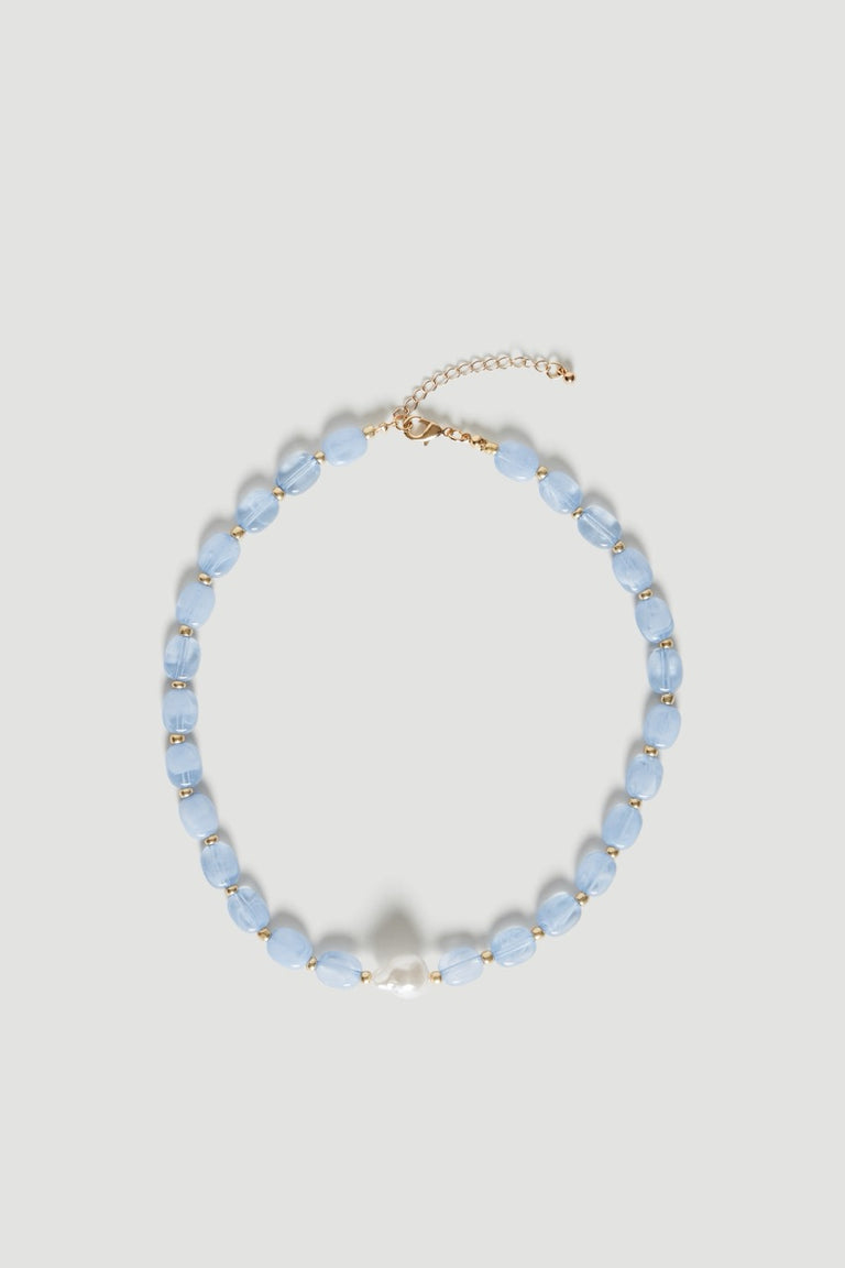 Light blue oval bead necklace with pearl accents and a gold tone lobster clasp