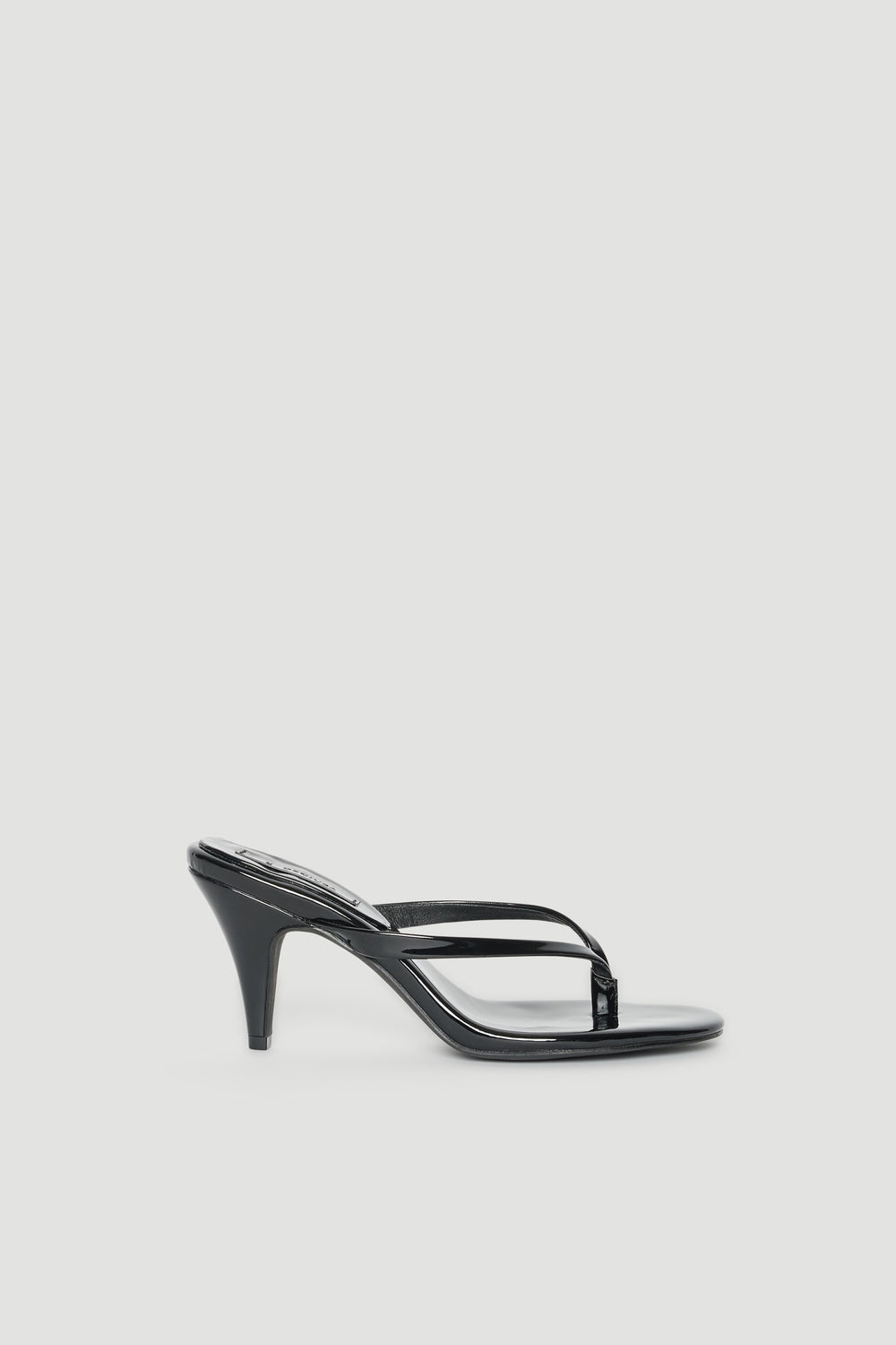 Black high heel thong sandal with glossy straps