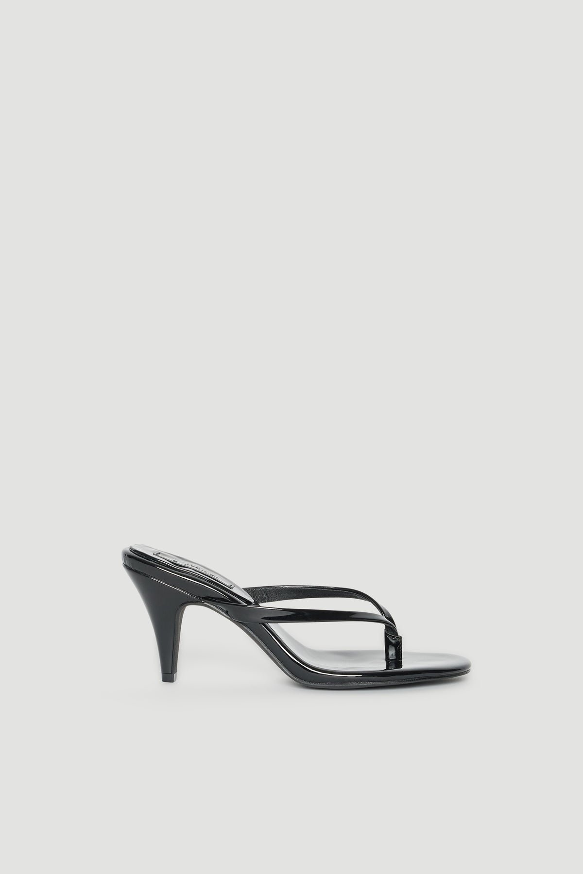 Black high heel thong sandal with glossy straps