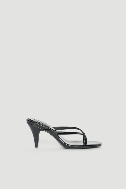 Black high heel thong sandal with glossy straps