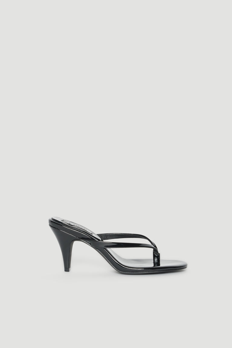Black high heel thong sandal with glossy straps