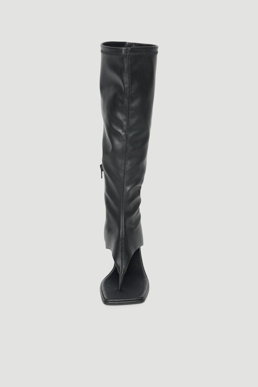 Black mid-calf wedge boot with thong front, square toe and inside ankle zip