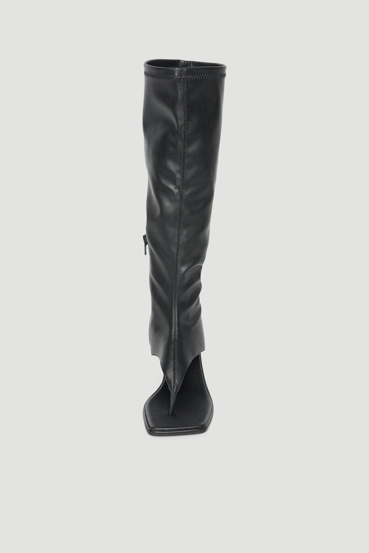 Black mid-calf wedge boot with thong front, square toe and inside ankle zip