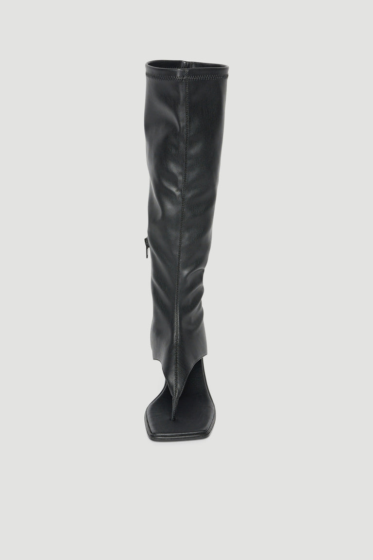 Black mid-calf wedge boot with thong front, square toe and inside ankle zip