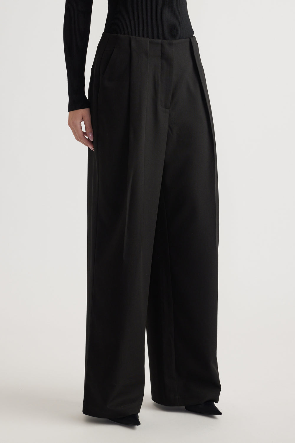 High-waist wide-leg black pants with pleat detailing and zip fly closure styled with black fitted top