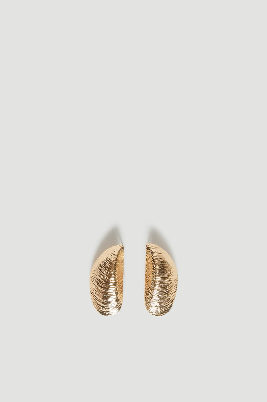 Textured gold shell stud earrings with high shine finish and medium weight design
