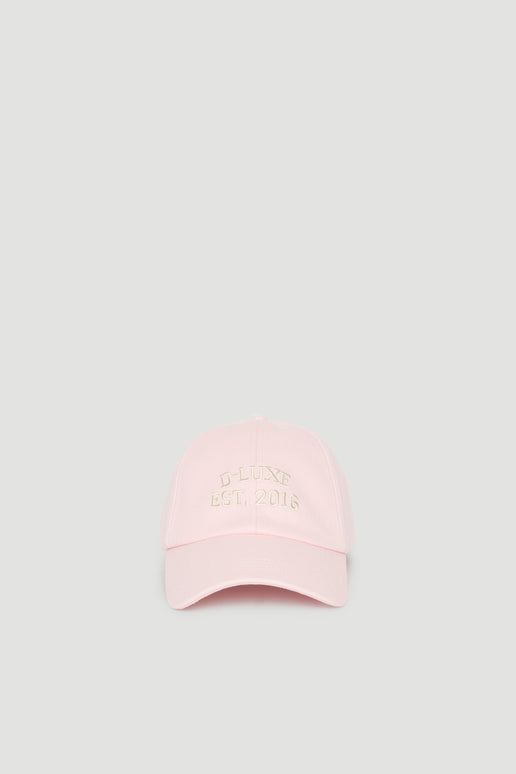 Pink baseball cap with embroidered D-Luxe logo and curved brim