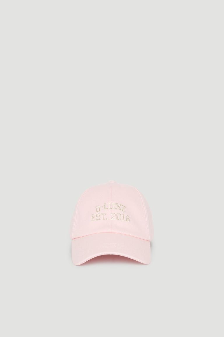 Pink baseball cap with embroidered D-Luxe logo and curved brim