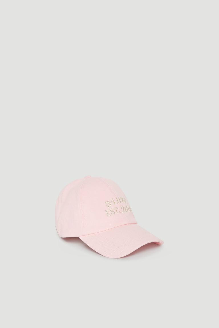 Pink baseball cap with embroidered logo and curved brim