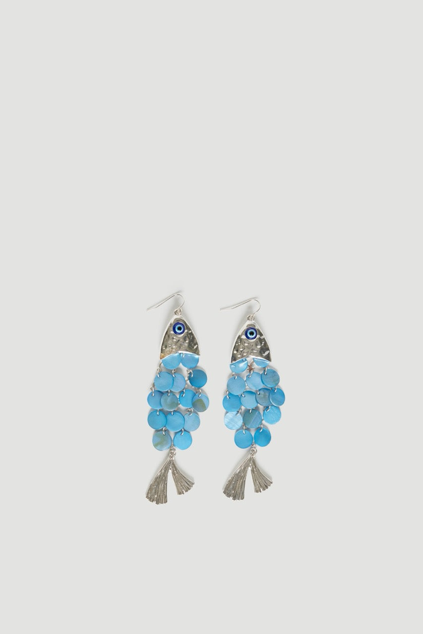Pair of silver hook earrings with layered blue pearlescent beads and textured silver tassels