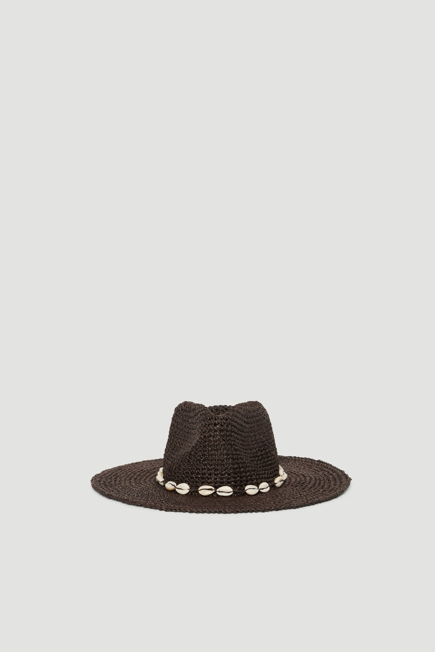 Chocolate brown woven cowboy hat with a wide brim and shell trim around the crown