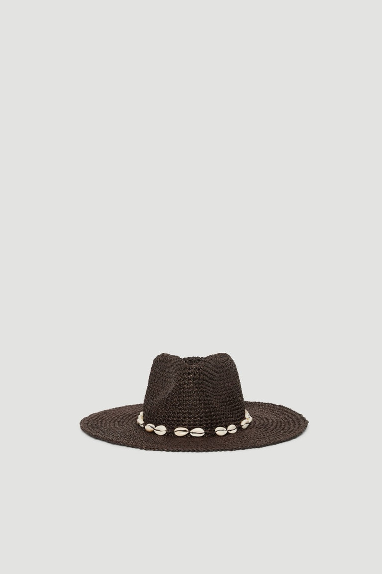 Chocolate brown woven cowboy hat with a wide brim and shell trim around the crown