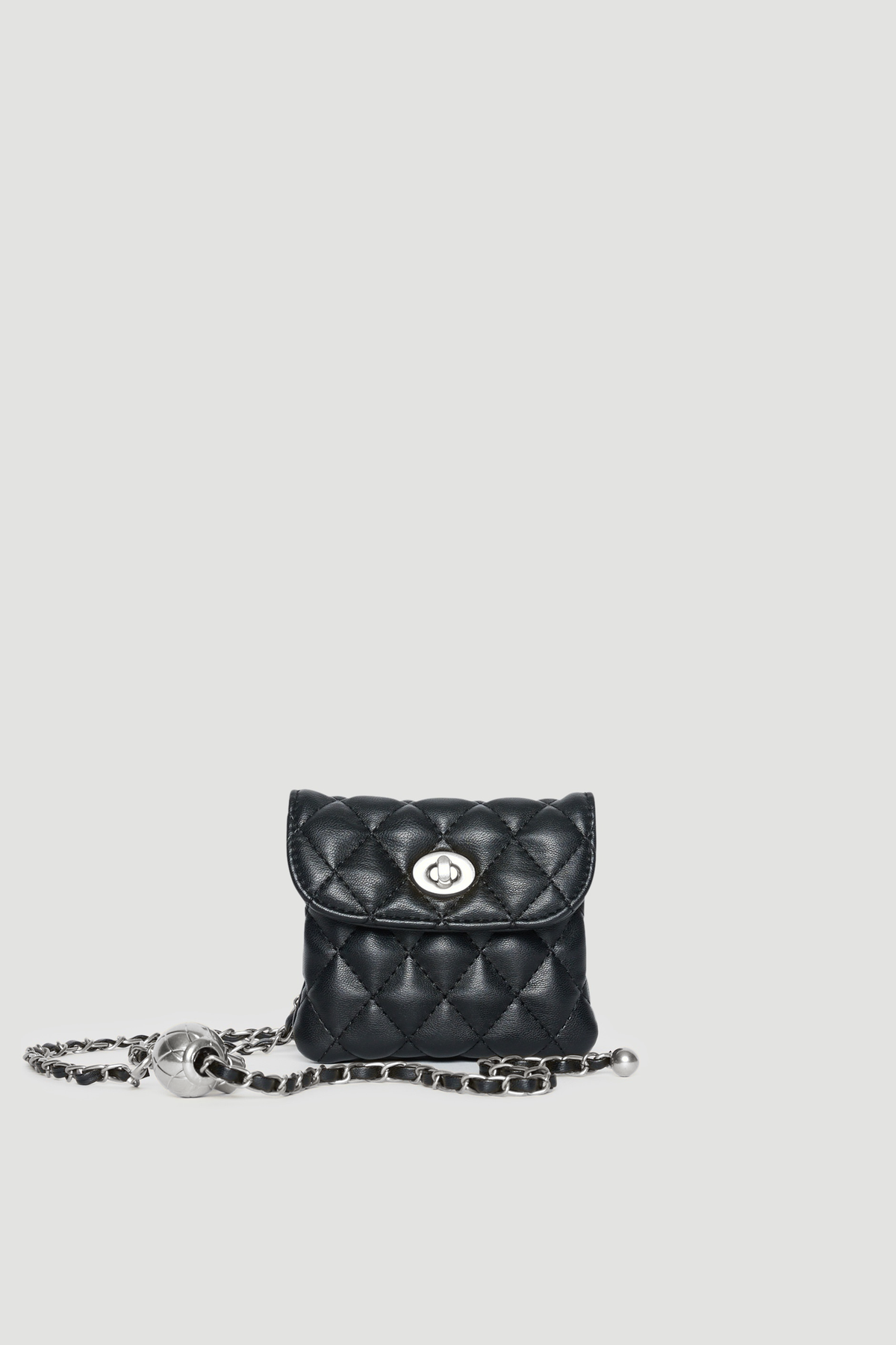 Black mini quilted bag with chain strap and twist lock closure