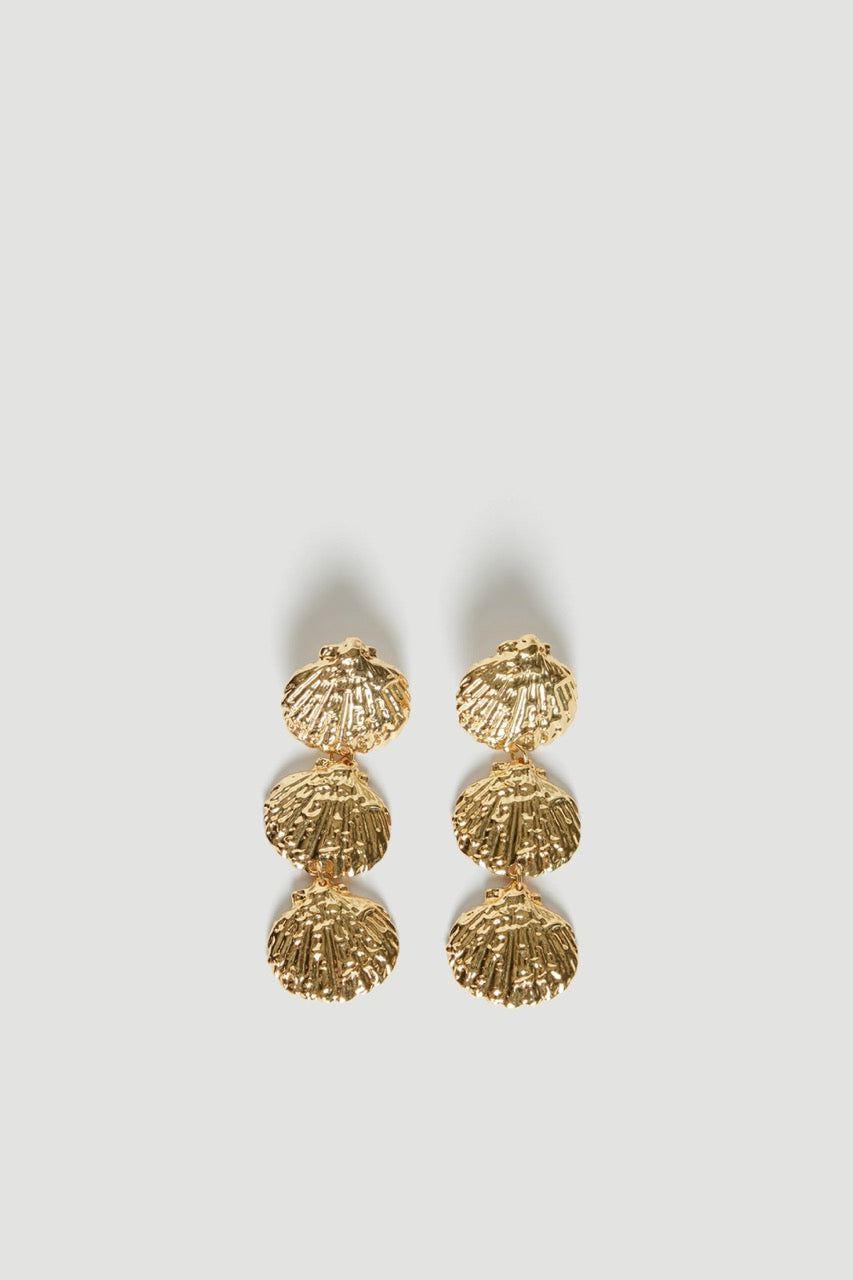 Pair of gold tiered shell earrings with three beaten shell drops and stud closures
