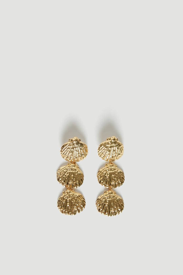 Pair of gold tiered shell earrings with three beaten shell drops and stud closures