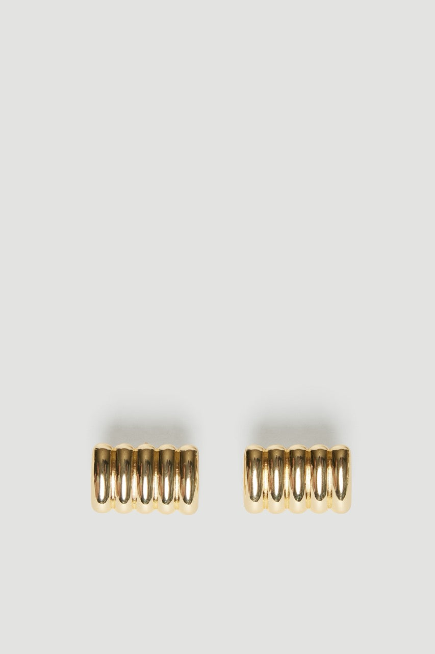 Pair of gold ribbed stud earrings with rounded vertical ridges