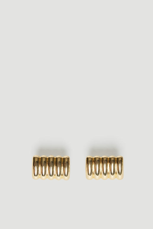 Pair of gold ribbed stud earrings with rounded vertical ridges
