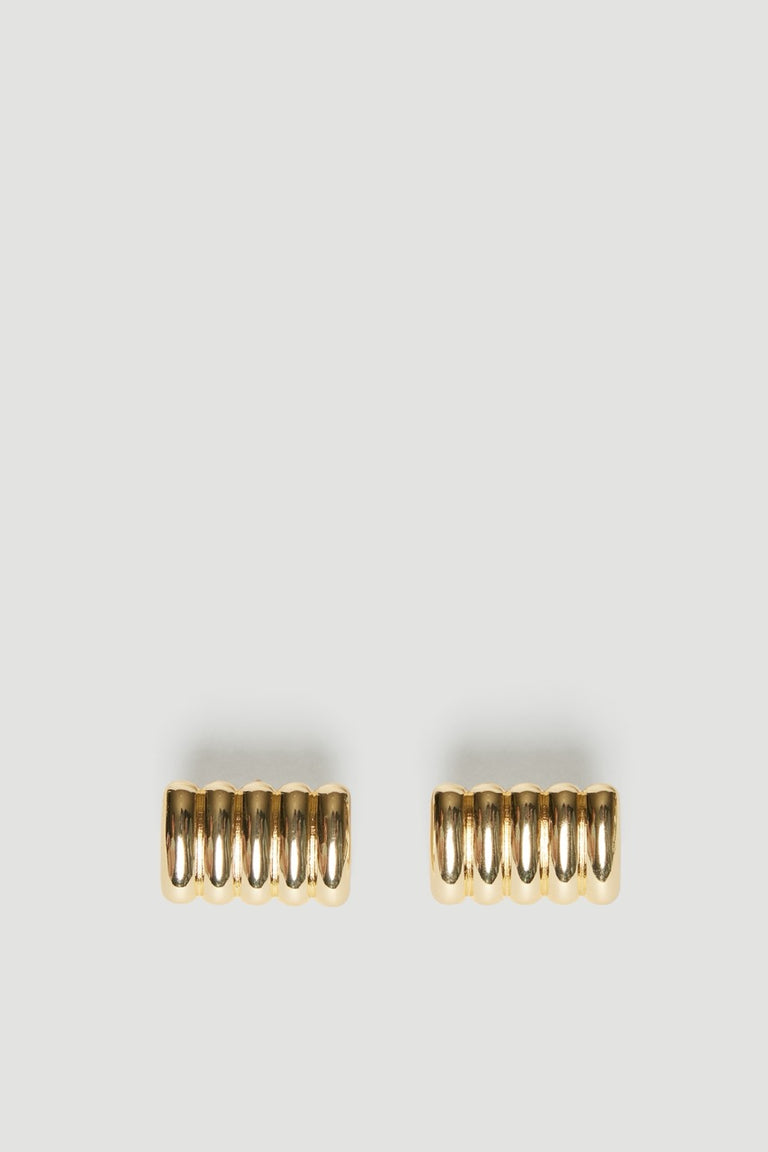 Pair of gold ribbed stud earrings with rounded vertical ridges