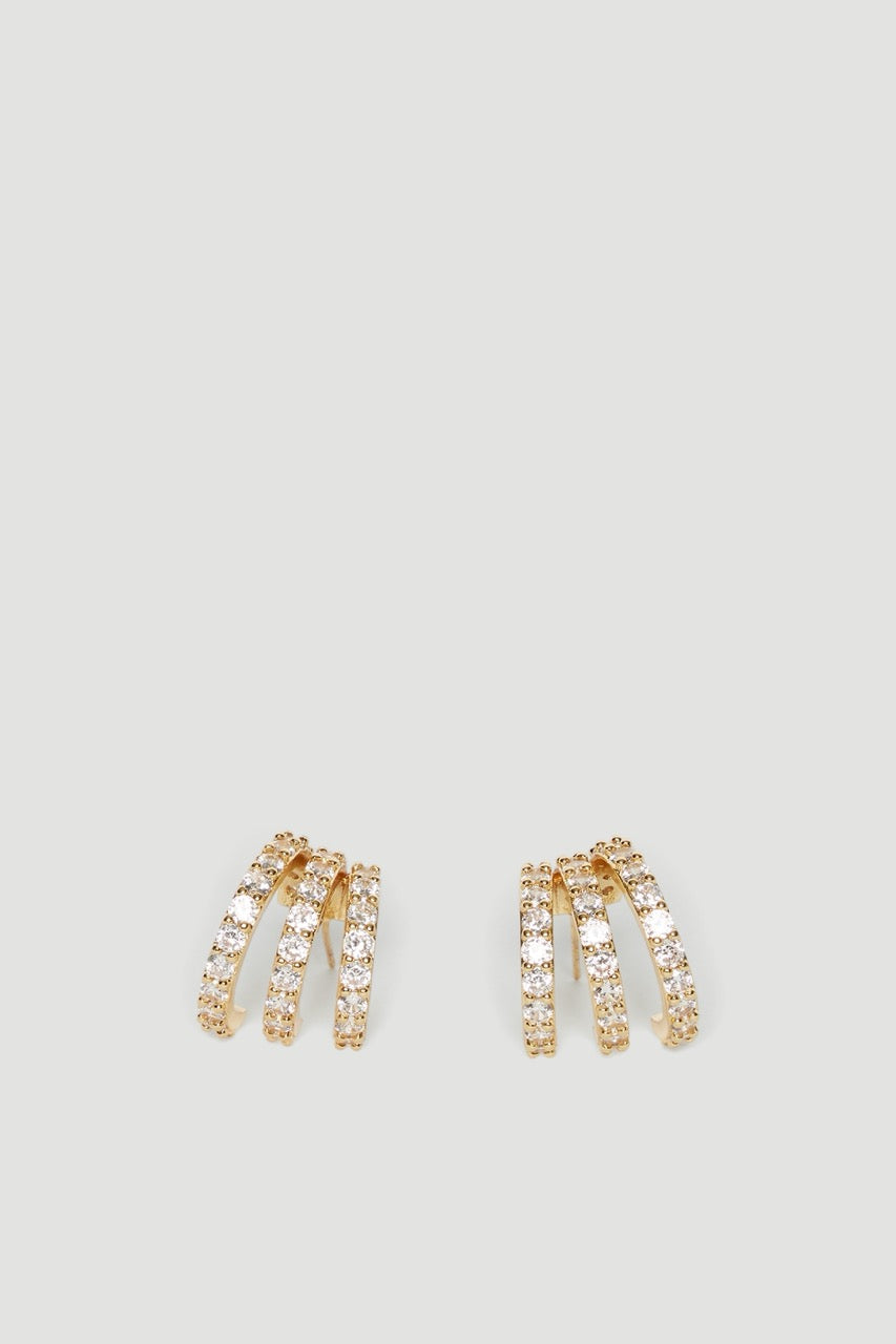 Pair of gold diamante hoop earrings with three sparkling curved bands on each earring