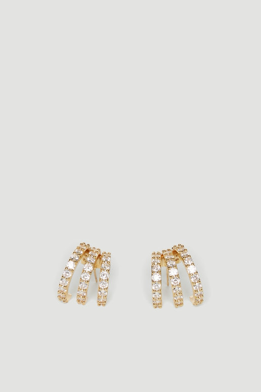 Pair of gold diamante hoop earrings with three sparkling curved bands on each earring