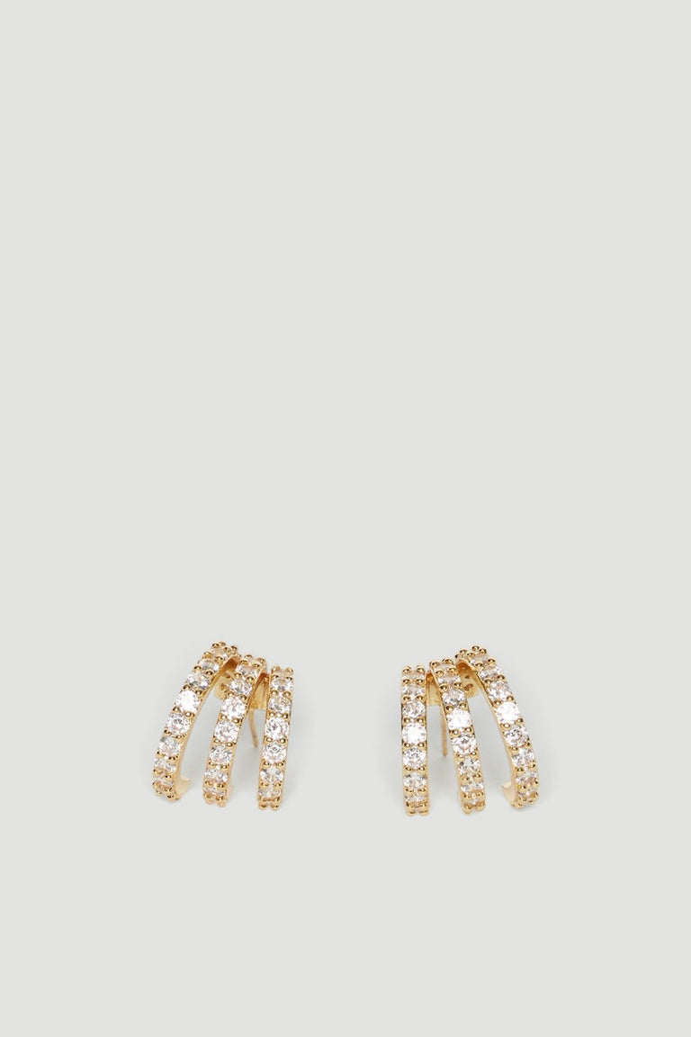 Pair of gold diamante hoop earrings with three sparkling curved bands on each earring