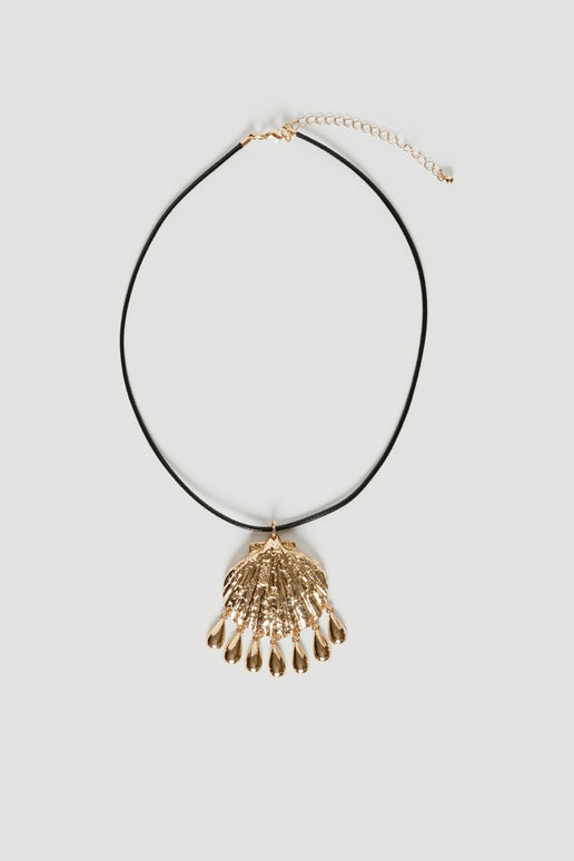 Gold textured shell pendant necklace with black cord, lobster clasp and chain extender