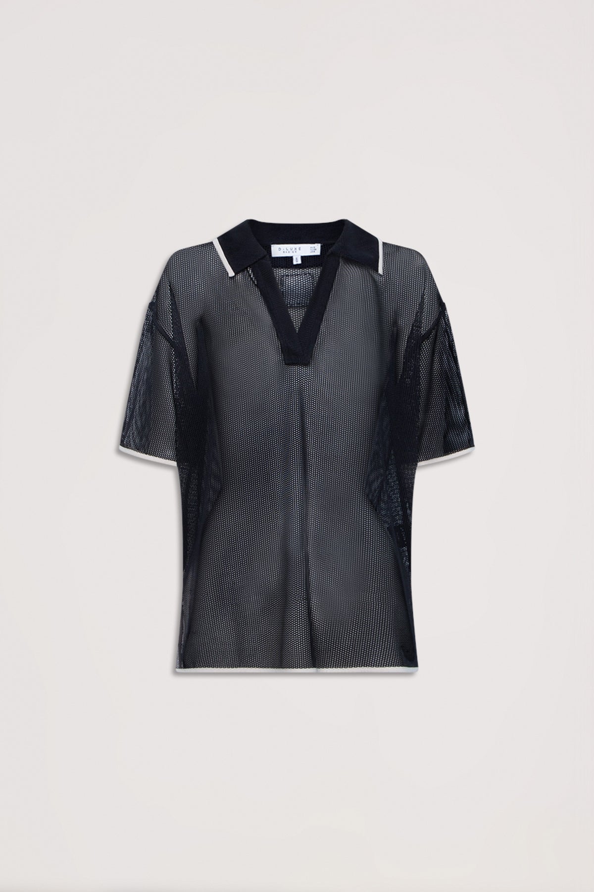 Black square knit polo top with white collar trim and short sleeves, lightweight and breathable design.