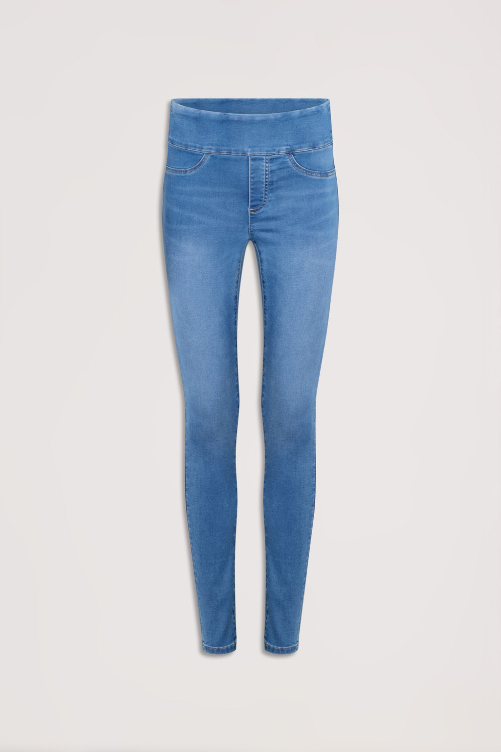 Light blue mid-rise skinny jeans with subtle stitching and a smooth waistband for a sleek fit.