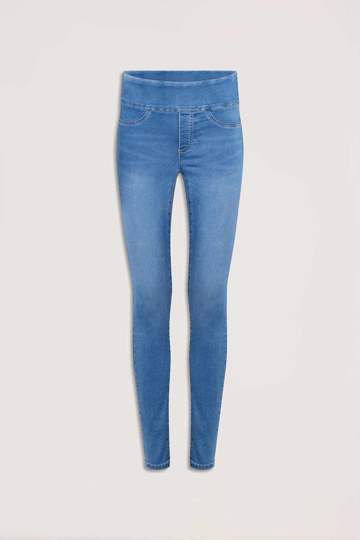 Light blue mid-rise skinny jeans with subtle stitching and a smooth waistband for a sleek fit.