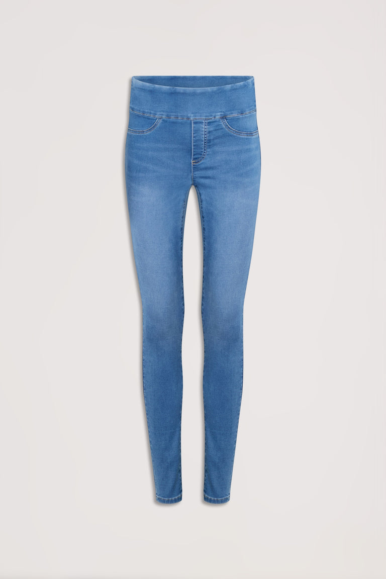 Light blue mid-rise skinny jeans with subtle stitching and a smooth waistband for a sleek fit.