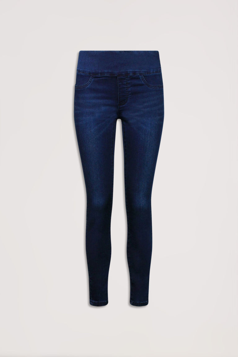 Dark indigo high-waisted skinny jeans with stretch fabric and subtle fading on a neutral background