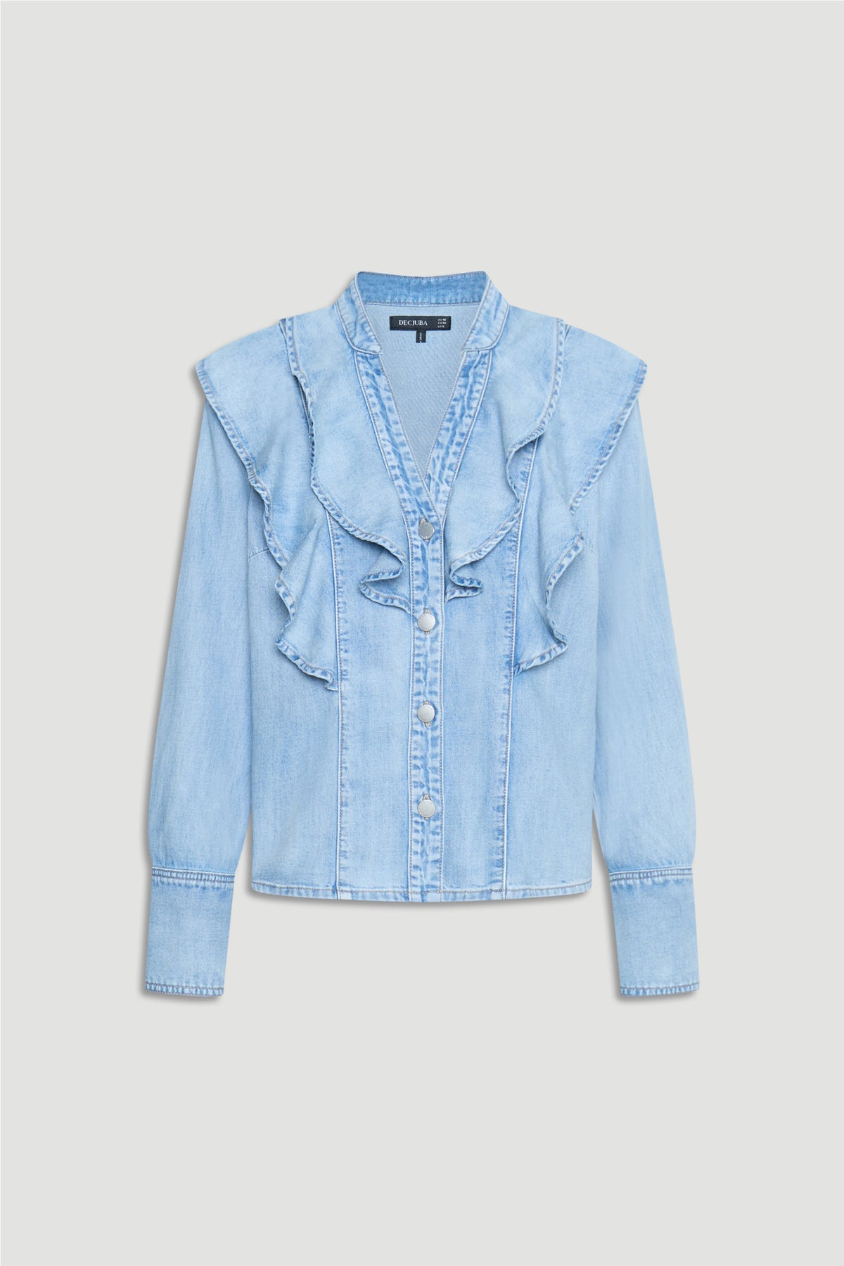 Cecilia Ruffle Denim Blouse in light blue with ruffle front detail and buttoned cuff, gallery image 4 portrait view