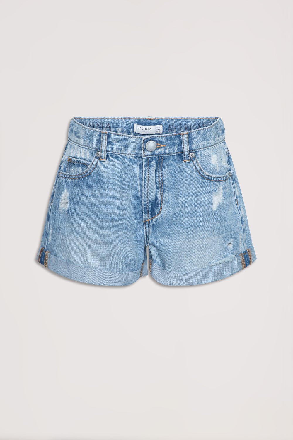 Girls light wash denim shorts with a mid rise waist, distressed details and rolled cuffed hems