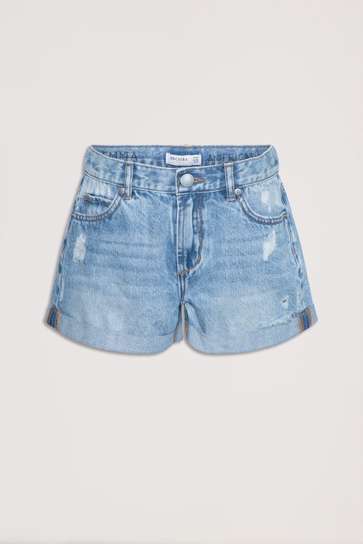 Girls light wash denim shorts with a mid rise waist, distressed details and rolled cuffed hems