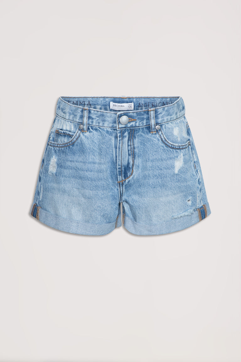 Girls light wash denim shorts with a mid rise waist, distressed details and rolled cuffed hems