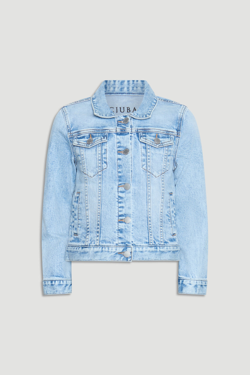 Light faded denim jacket for girls featuring classic button closures and chest flap pockets for timeless style.