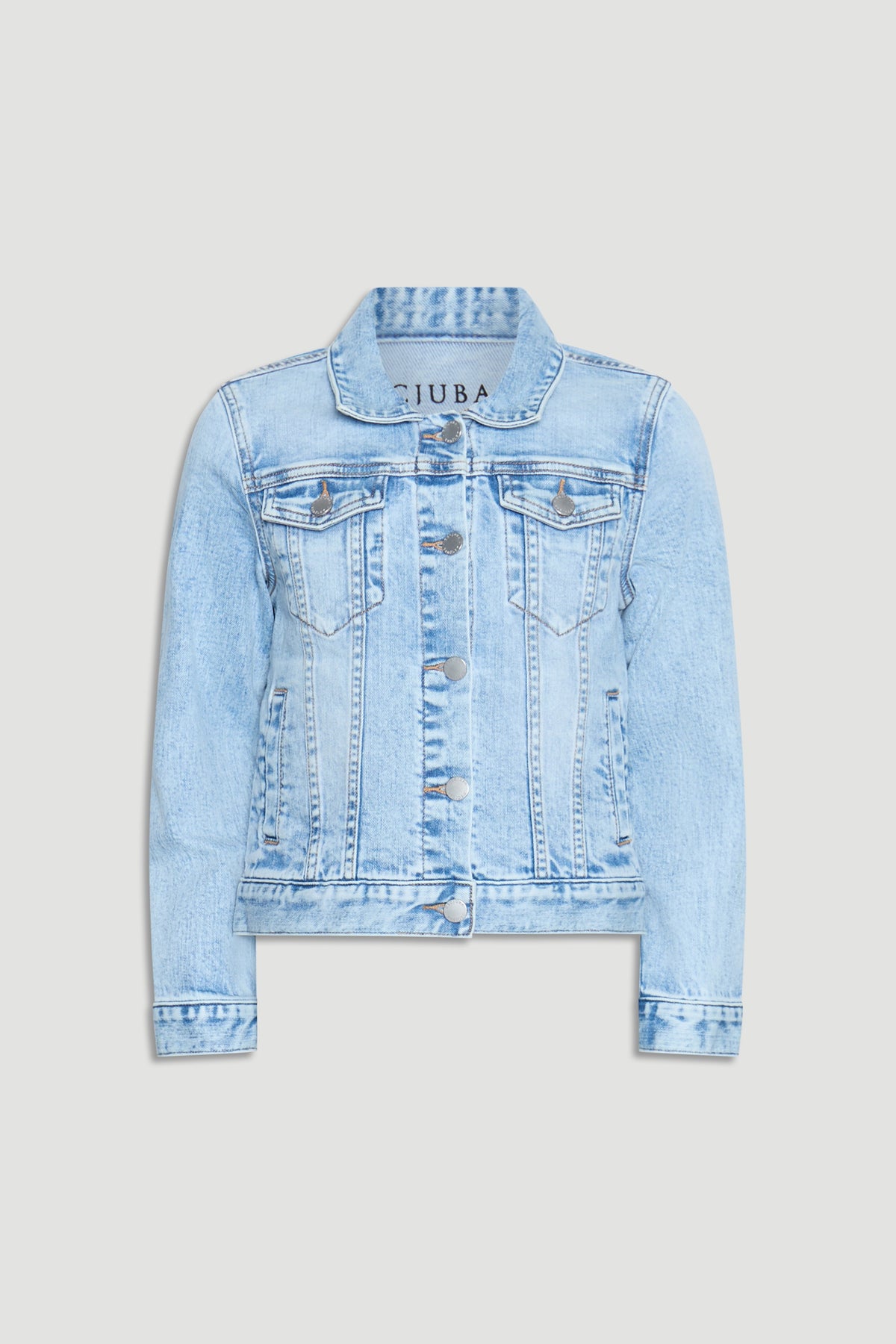 Light faded denim jacket for girls featuring classic button closures and chest flap pockets for timeless style.