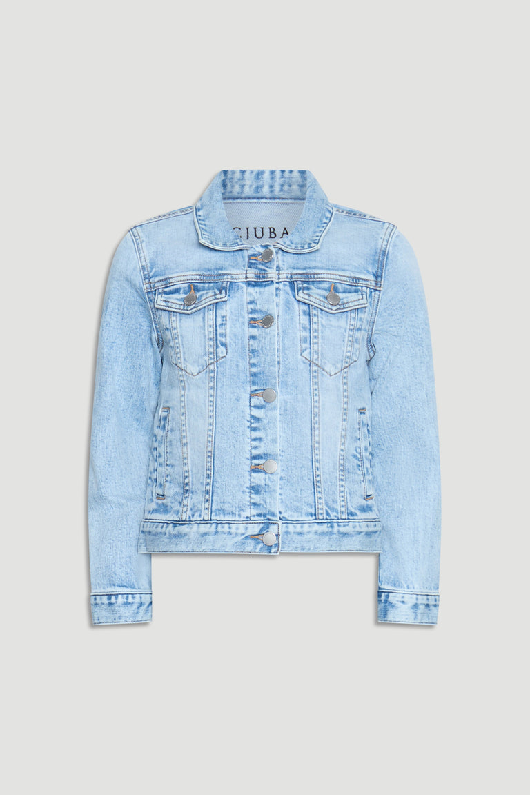 Light faded denim jacket for girls featuring classic button closures and chest flap pockets for timeless style.