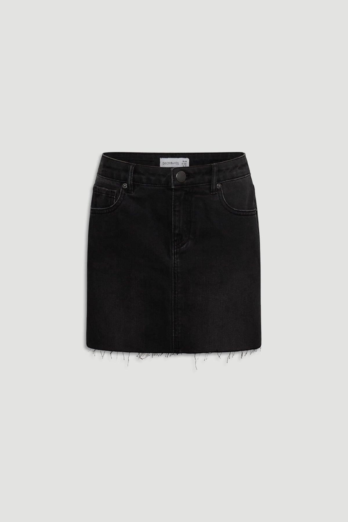 Black denim skirt for girls with front pockets and a raw hem, designed for casual everyday wear.
