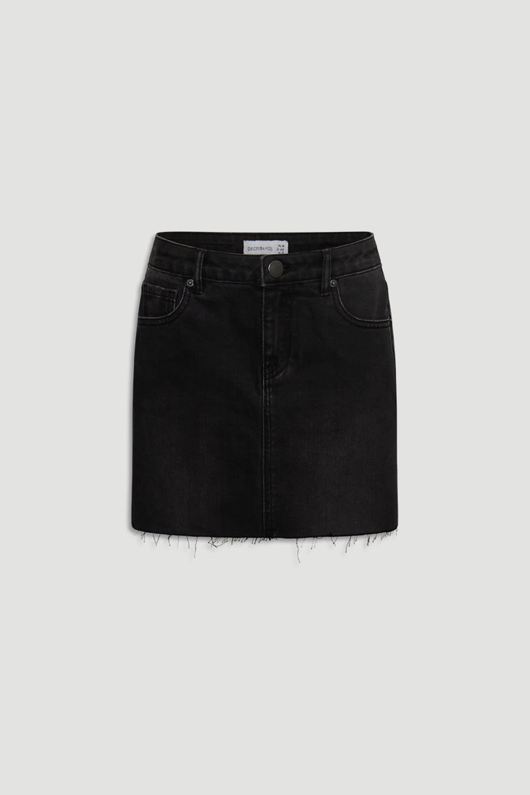 Black denim skirt for girls with front pockets and a raw hem, designed for casual everyday wear.