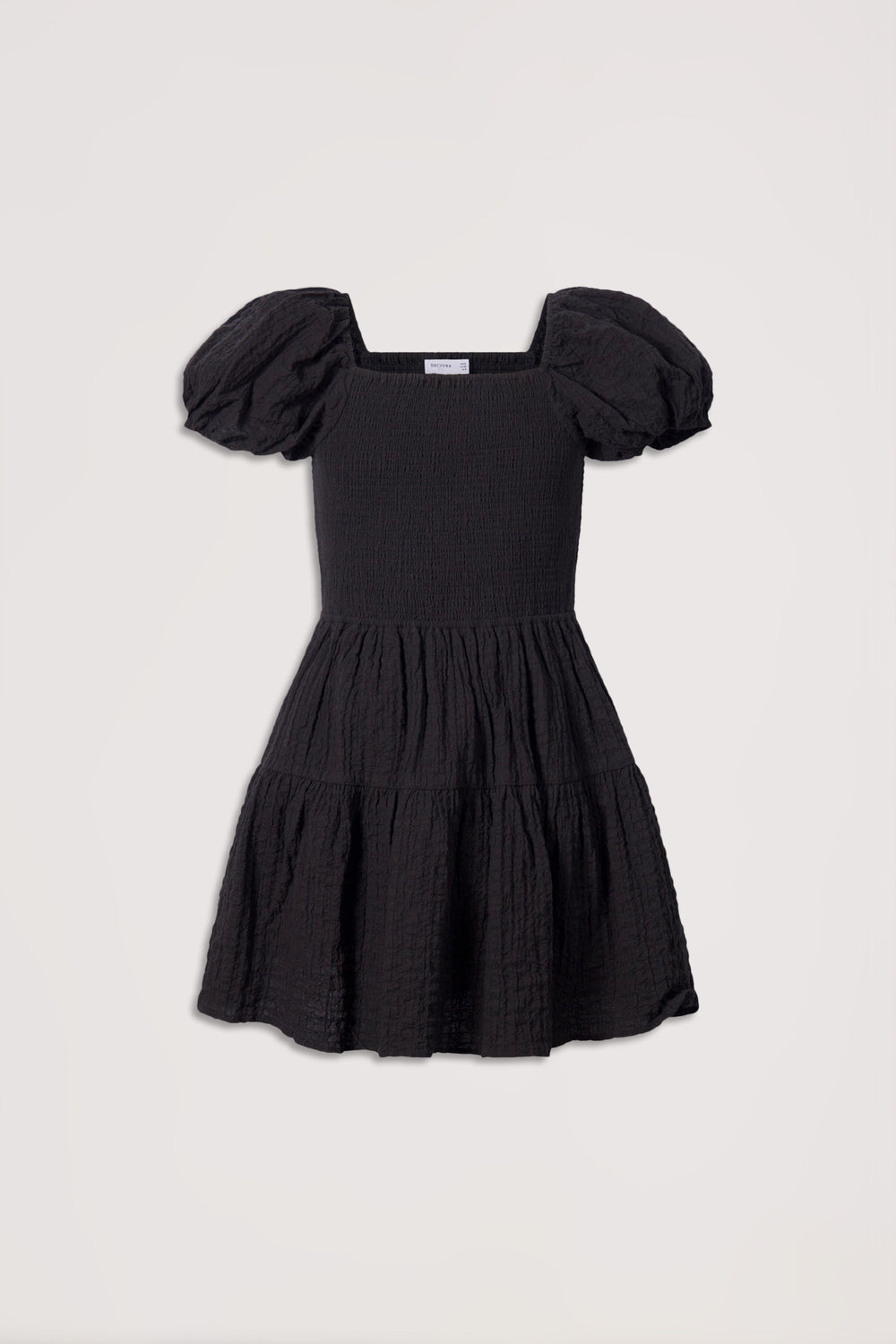 Black textured girls' mini dress with puffed sleeves and tiered skirt for a stylish, comfortable fit.