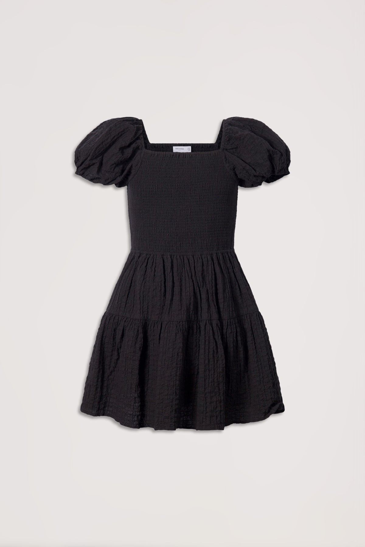 Black textured girls' mini dress with puffed sleeves and tiered skirt for a stylish, comfortable fit.