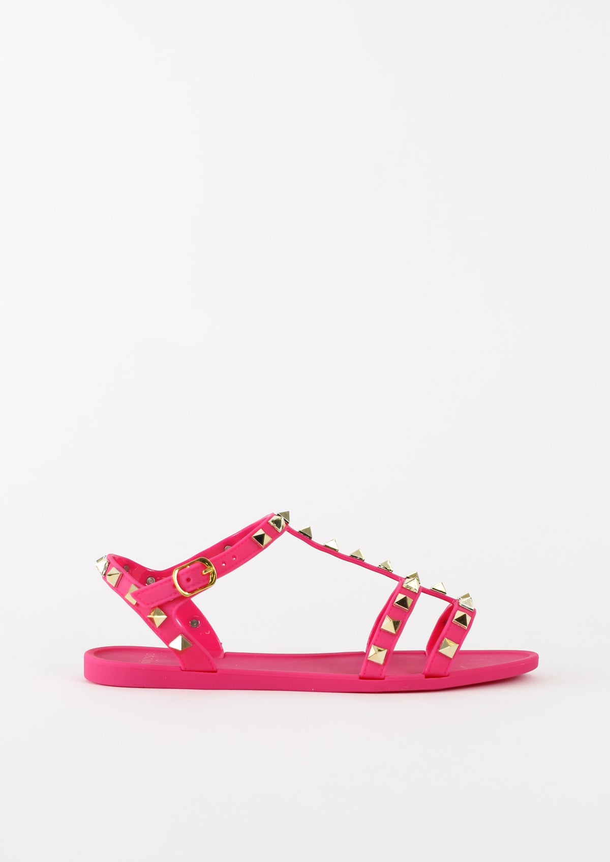 Pink girls T bar sandal with pyramid stud detailing and adjustable ankle strap